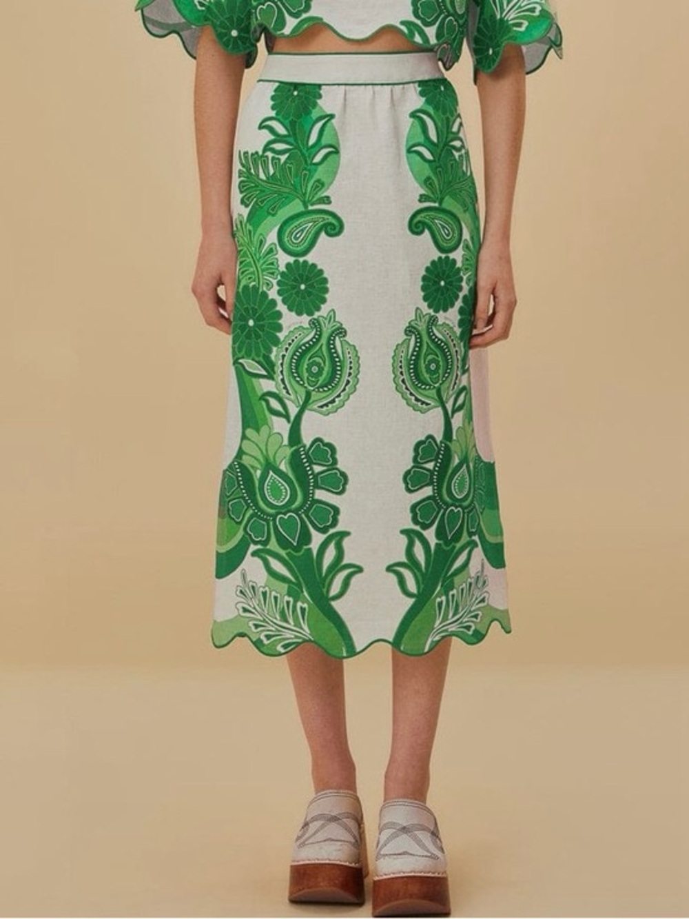 Farm Rio Women's Color Festival 100% Linen Midi Skirt In Green Size Large